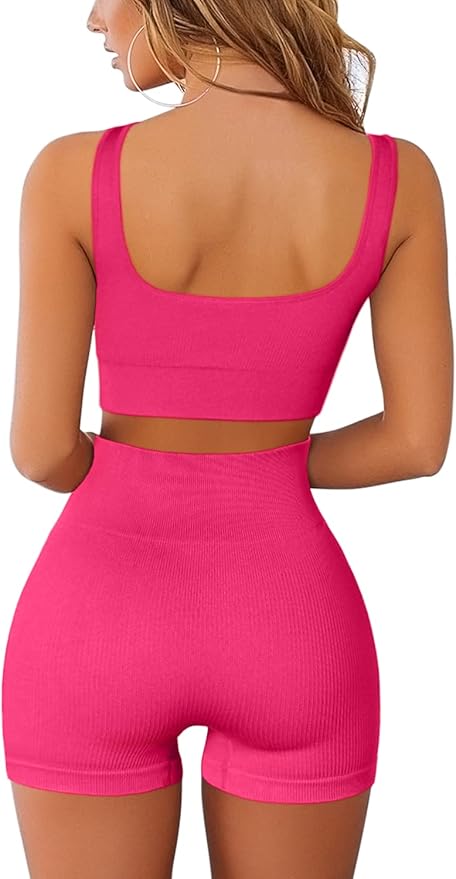 QINSEN Workout Sets for Women 2 Piece Seamless Ribbed Crop Tank High Waist Shorts Yoga Outfits
