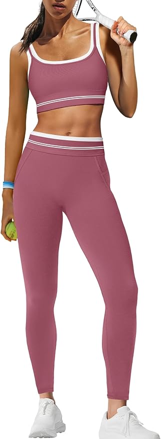 Panadila Womens Yoga Set 2 Piece Outfits Striped Workout Set Gym Matching Sports Bra and High Waist Leggings Activewear