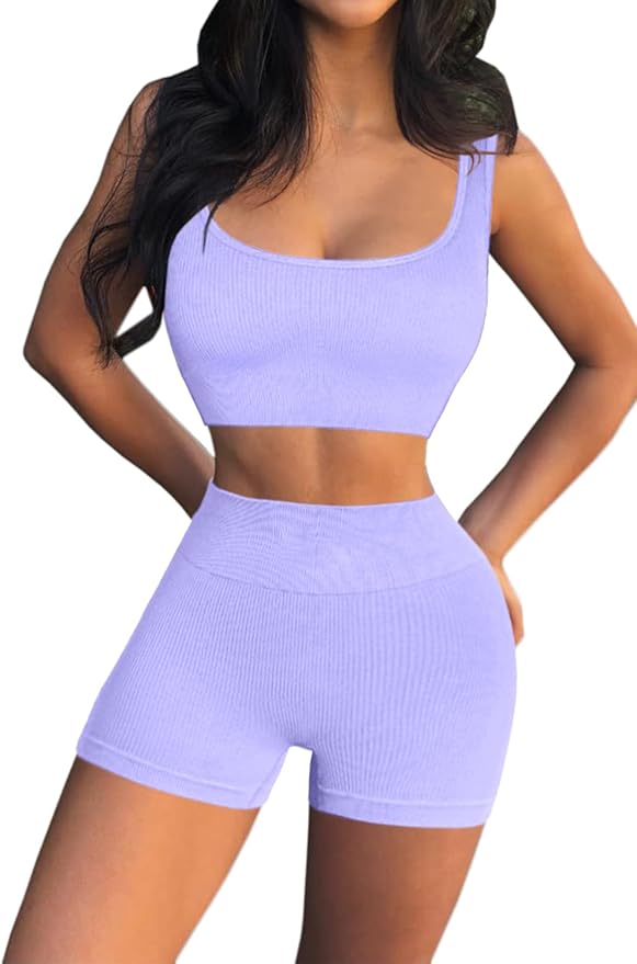 QINSEN Workout Sets for Women 2 Piece Seamless Ribbed Crop Tank High Waist Shorts Yoga Outfits