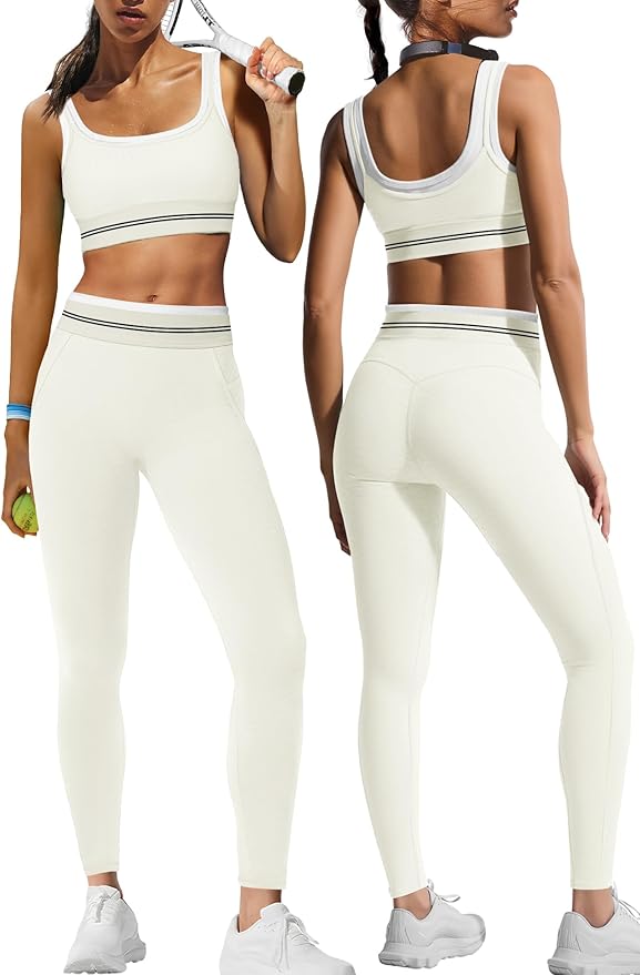 Panadila Womens Yoga Set 2 Piece Outfits Striped Workout Set Gym Matching Sports Bra and High Waist Leggings Activewear