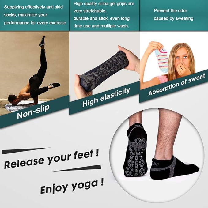 Muezna Men's Non-Slip Yoga Socks, Anti-Skid Pilates, Barre, Bikram Fitness Hospital Slipper Socks with Grips