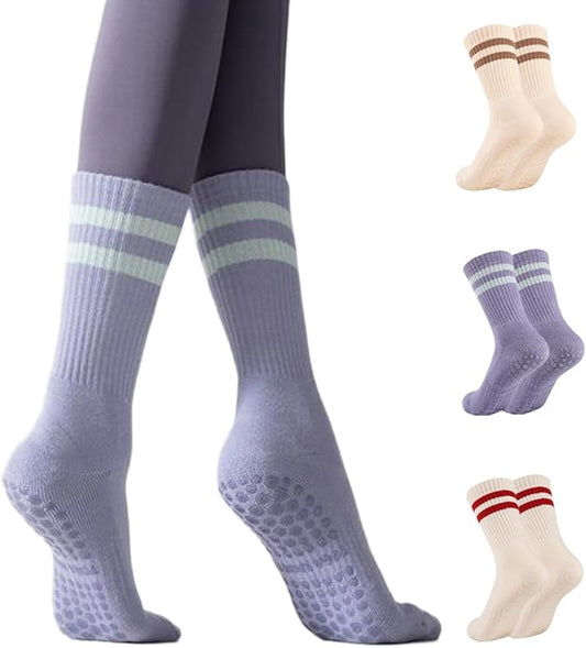 3/4 Pairs Cushioned Pilates Socks for Women, Non Slip Elegant Grip Socks with Silicone,Ideal for Yoga,Hospital & Home