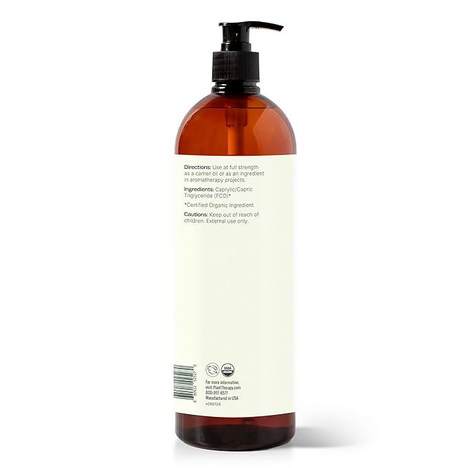 Plant Therapy Organic Fractionated Coconut Oil for Skin, Hair, Body 100% Pure, USDA Certified Organic, Natural Moisturizer, Massage & Aromatherapy Liquid Carrier Oil 16 oz