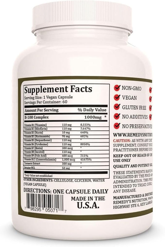 Remedy's nutrition Vitamin B-100 Complex |1,000 mg, 60 Vegan Capsules Dietary Supplement | Two Month Supply