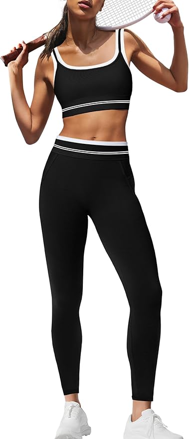 Panadila Womens Yoga Set 2 Piece Outfits Striped Workout Set Gym Matching Sports Bra and High Waist Leggings Activewear