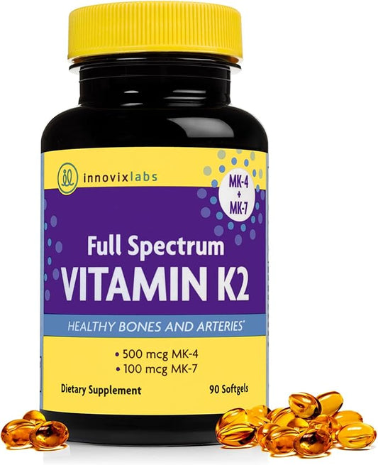 InnovixLabs Full Spectrum Vitamin K2-90 Softgels with 600 mcg of Trans Form MK7 and MK4 - Supports General Health and Bone Strength - Soy and Gluten Free K2 Vitamin Supplement