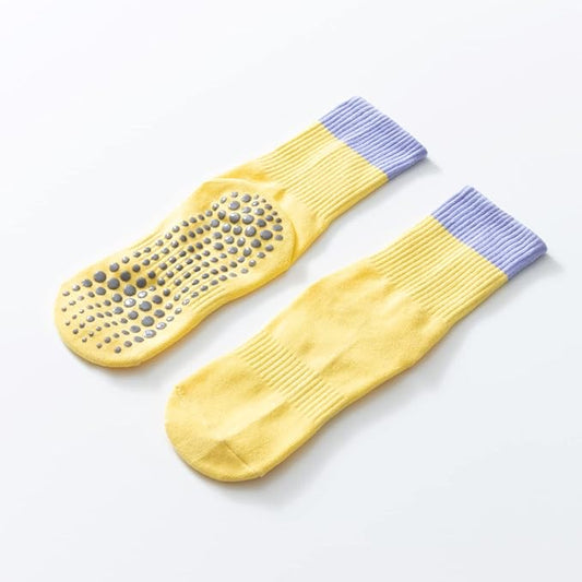 Yoga Pilates Socks with Grips for Women Non Slip Color Blocking Cushioned Crew Socks for Barre Ballet Dance