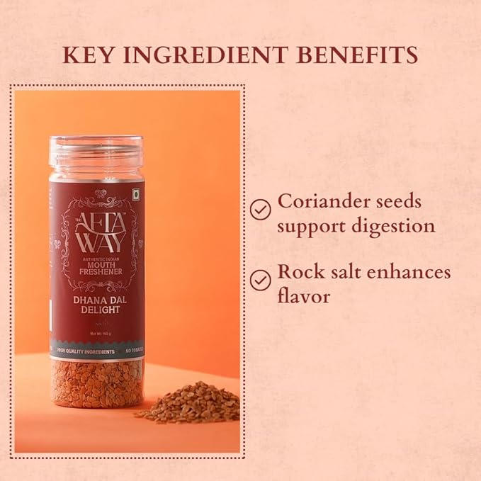 The AftaWay Dhana Dal Delight 5.64 oz, Traditional Mukhwas/Indian Mouth Freshener with Rock Salt Kissed Double Roasted Coriander Seeds, Breath Freshener, Sugar Free, Gluten-Free, Vegan, Non-GMO