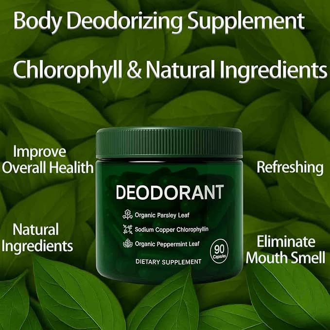 Body Deodorizing Supplement - Mint, Parsley & Chlorophyll Capsules for Body Odor, Bad Breath, Internal Deodorant Chlorophyll Pills for Women & Men, 90 Capsules (1)