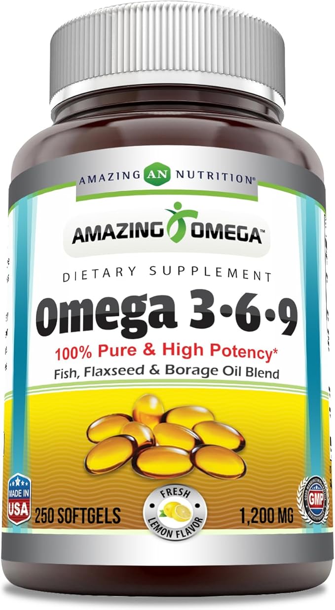 Amazing Omega 3.6.9 Supplement | 1200 Mg | Lemon Flavor | Unique Formula of Flaxseed Oil, Borage Oil, Fatty Acids | Non-GMO | Gluten-Free | Made in USA (1 Pack | 250 Softgels)