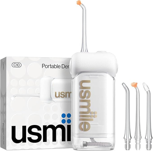 usmile C10 Portable Water Flosser – Travel-Friendly, 95-Day Battery, 4 Modes, 360° Nozzle, 180ml Tank, IPX7 Waterproof, Dentist-Recommended for Braces, Implants & Sensitive Gums (White)
