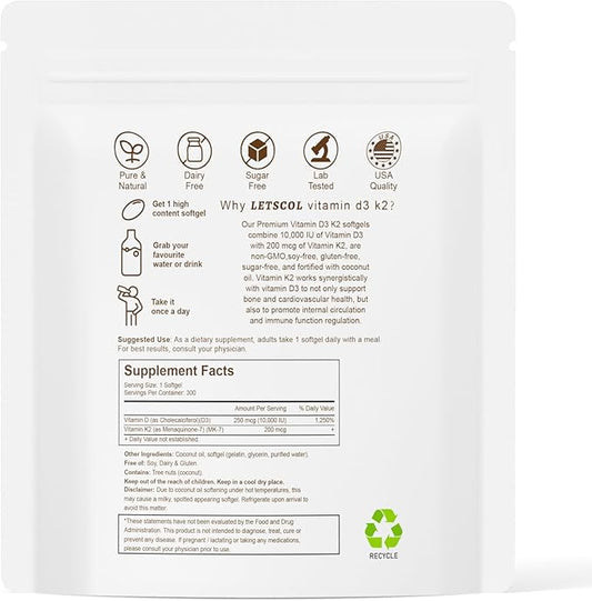 2-in-1 Vitamin D3 K2 Supplement Softgel, Vitamin D3 10000 IU and Vitamin K2 200 mcg, K2 MK7 with D3 Vitamin Supplement Support Immune, Heart, Joint, Teeth & Bone Health