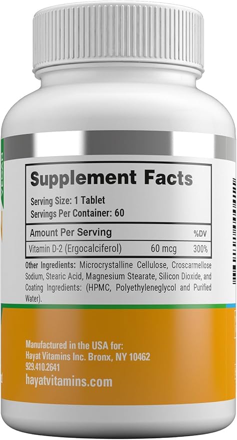 Vitamins Vegan Vitamin D2 2400 IU (60 MCG), Dietary Supplement for Bone, Teeth, Muscle and Immune Health Support, 2 Month Supply, All Natural, Certified Halal, 60 Tablets, Made in The USA
