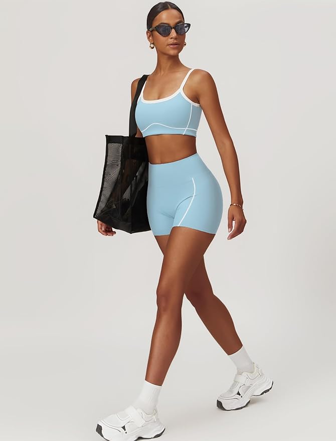 Workout Sets for Women 2 Piece Contrast Panel Sports Bra Tummy Control Butt lifting Shorts Jogger Outfits ﻿