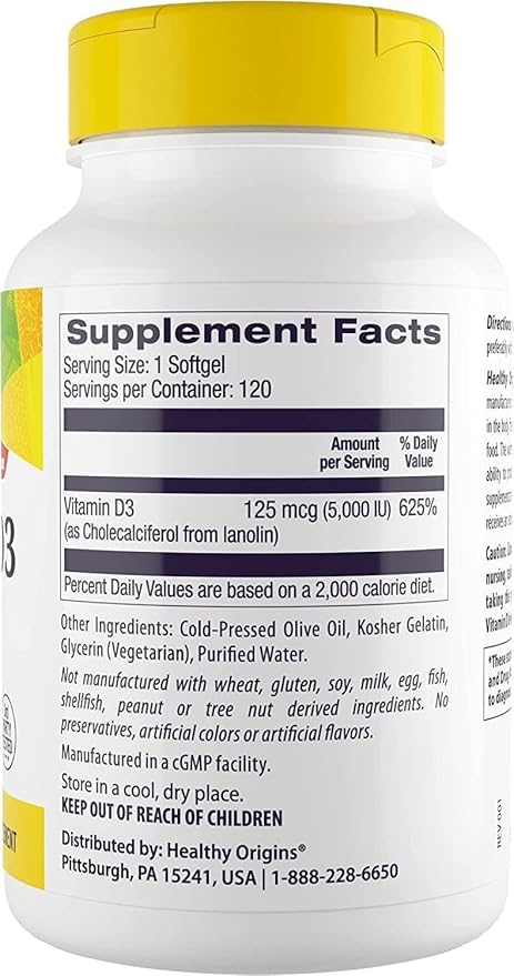 Healthy Origins Vitamin D3 5,000 IU (Non-GMO, High Potency, Bone Support, Immune Support, Gluten Free), 120 Softgels