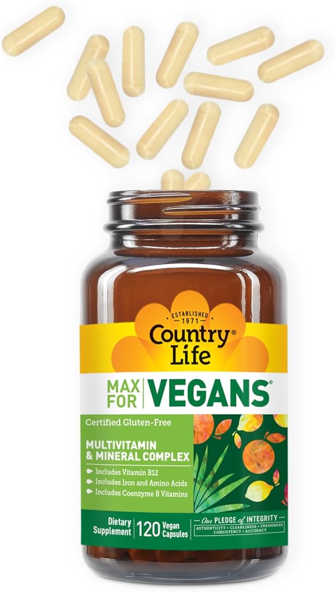 Country Life Max for Vegans - 120 Vegan Capsules - Daily Multivitamins - Immune Support Supplement - Contains Vitamin B12, Iron, Amino Acids, Coenzyme B Vitamins - Gluten-Free