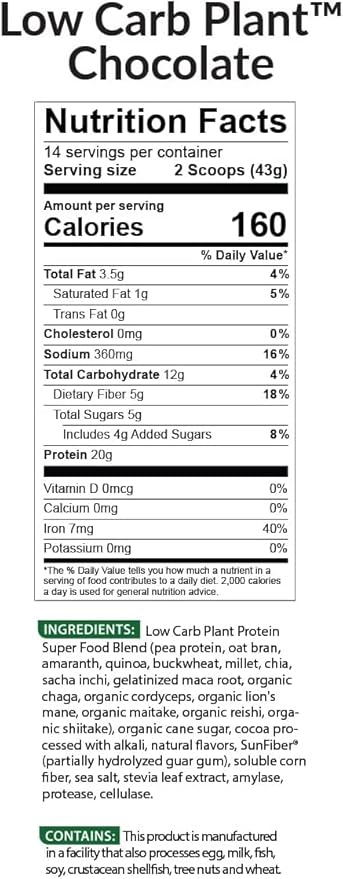 BioTrust Low Carb Plant, Delicious, Creamy, 20 Grams of Clean, Complete, Plant-Based Protein, 5 Grams Fiber, 15 Superfoods, Digestive Enzymes, Vegan, Dairy-Free - 14 Servings (Chocolate)