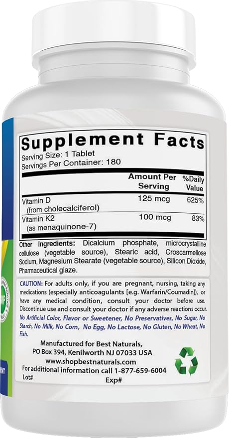 Best Naturals Vitamin K2 (MK7) with D3 Supplement Bone and Heart Health (5000 IU Vitamin D3 & 100 mcg Vitamin K2 MK7), 180 Tablets