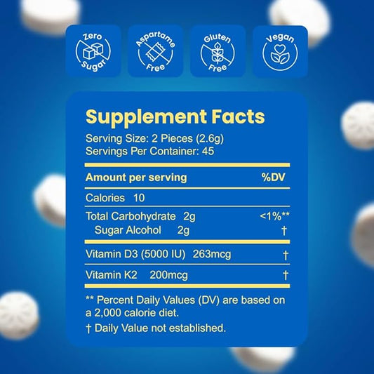 NeuroGum Vita-Mint D3+K2 Mints (Peppermint, 90 Pieces) | 5,000 IUS Vitamin D3 + 200mcg K2 | Sugar Free Bone, Immune & Mood Support