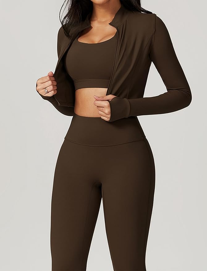 Workout Sets for Women 3 Piece High Waisted Seamless Leggings Crop Top Jacket Gym Yoga Outfit Stretchy Sports Bra Sets