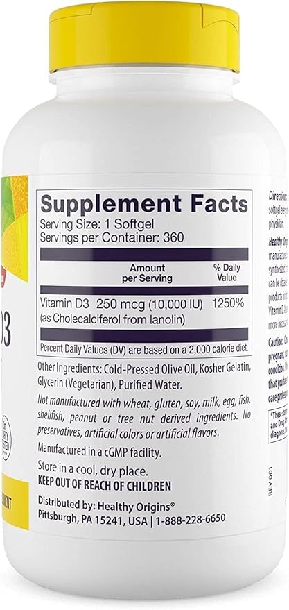 Healthy Origins Vitamin D3 10,000 IU (Non-GMO, High Potency, Bone Support, Immune Support, Gluten Free), 360 Softgels