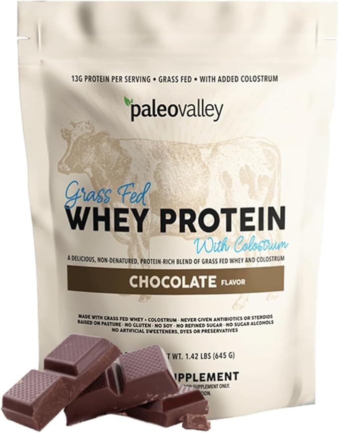Paleovalley 100% Grassfed Whey Protein Powder with Colostrum, 13g Protein, Chocolate, Muscle Building, Immune Support, Gut Health