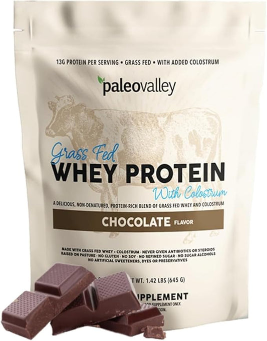 Paleovalley 100% Grassfed Whey Protein Powder with Colostrum, 13g Protein, Chocolate, Muscle Building, Immune Support, Gut Health