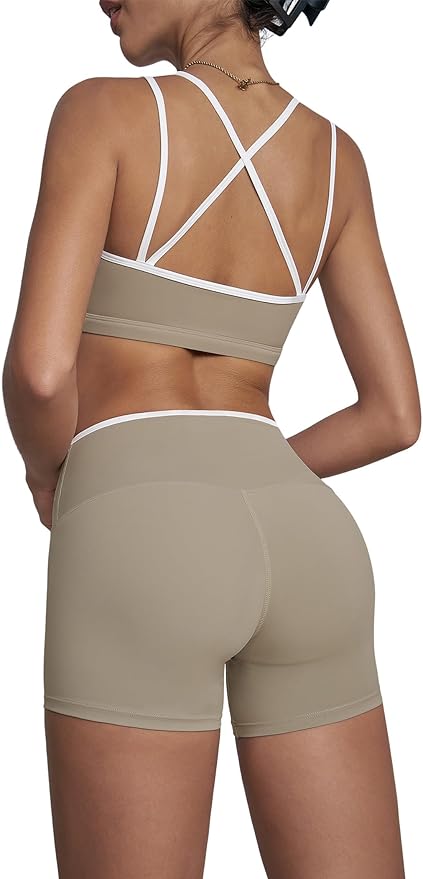 Workout Sets for Women 2 Piece Contrast Panel Sports Bra Tummy Control Butt lifting Shorts Jogger Outfits ﻿