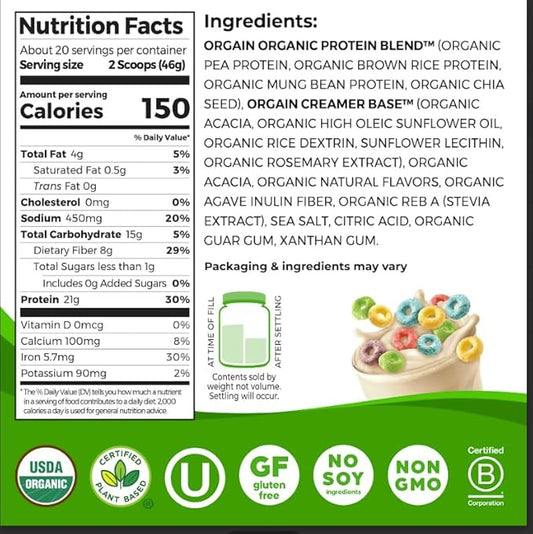 Orgain Organic Vegan Protein Powder, Fruity Cereal - 21g Plant Based Protein, 8g Prebiotic Fiber, Low Net Carb, No Lactose Ingredients, No Added Sugar, Non-GMO, For Shakes & Smoothies, 2.03 lb