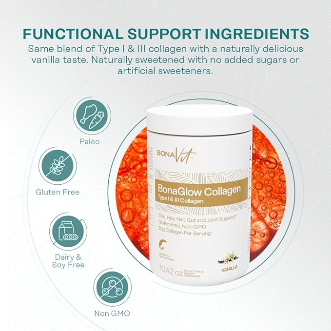 BonaGlow - Hydrolyzed Collagen Powder - Vanilla Flavor - 24 Servings - Type I & III with Vitamin C, Probiotics, and Digestive Enzymes - Skin, Nails, Hair - High Dosis of Collagen & Protein