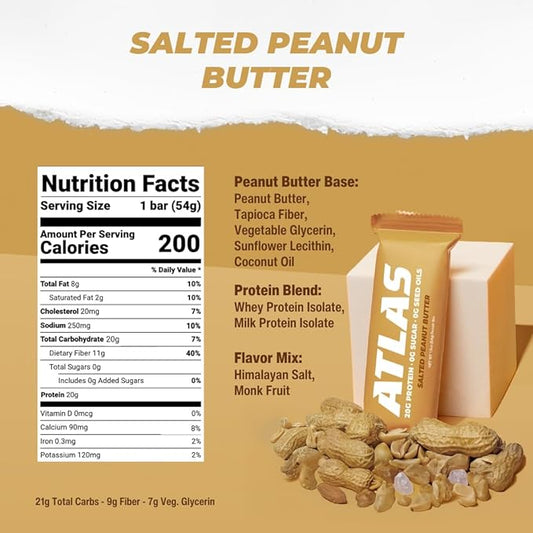 Atlas Protein Bars - 20g Protein, 0g Natural Sugar, 0g Seed Oils, No Sugar Alcohols, No Artificial Ingredients (Salted Peanut Butter, 12 Pack)