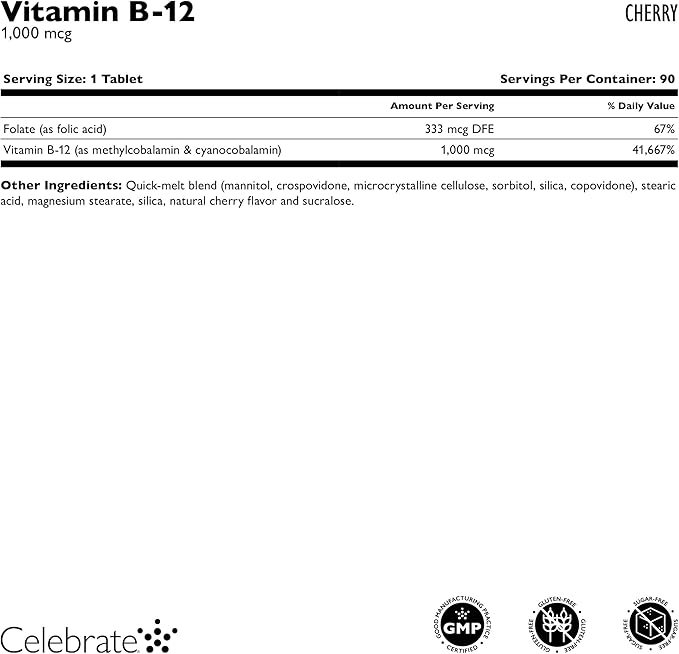Celebrate Vitamins Vitamin B-12 Quick Melt Tablets, Cherry, 1000 mcg with Folic Acid, 90 Count