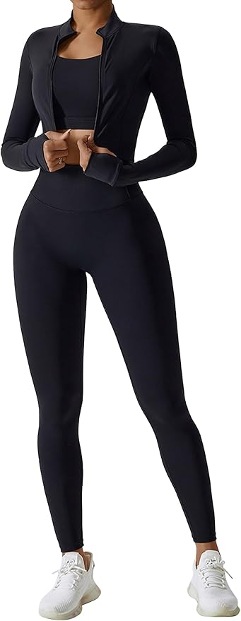 Workout Sets for Women 3 Piece High Waisted Seamless Leggings Crop Top Jacket Gym Yoga Outfit Stretchy Sports Bra Sets