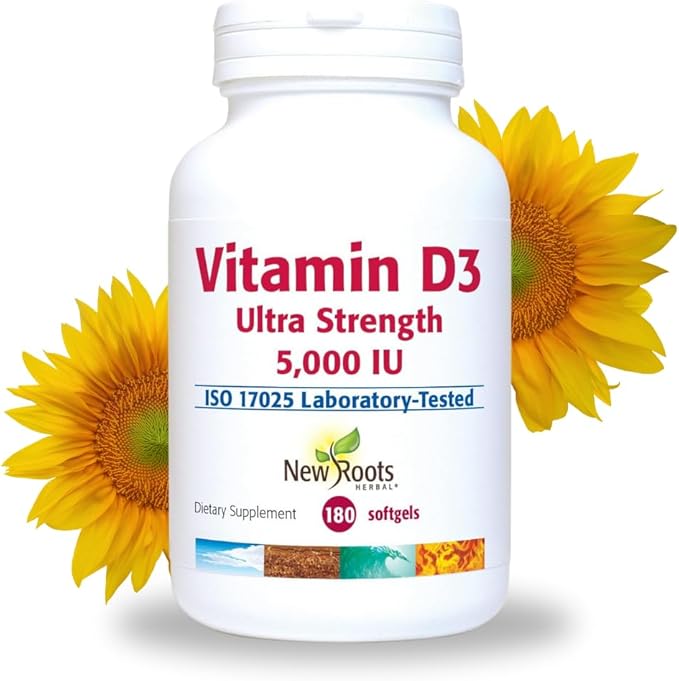 NEW ROOTS HERBAL Vitamin D3 Supplement 5000 IU + Vitamin E from Non-GMO Sunflower for Ultra Strength (180 Softgels) Effective Immune Support, GMP Certified from