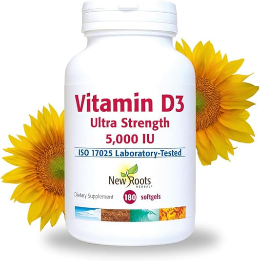NEW ROOTS HERBAL Vitamin D3 Supplement 5000 IU + Vitamin E from Non-GMO Sunflower for Ultra Strength (180 Softgels) Effective Immune Support, GMP Certified from