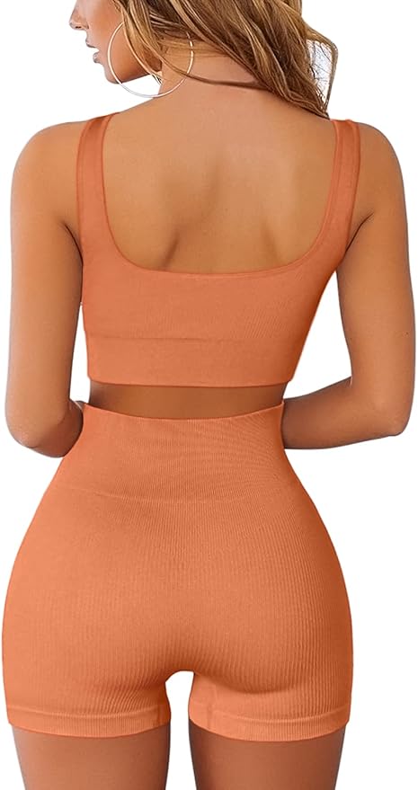 QINSEN Workout Sets for Women 2 Piece Seamless Ribbed Crop Tank High Waist Shorts Yoga Outfits