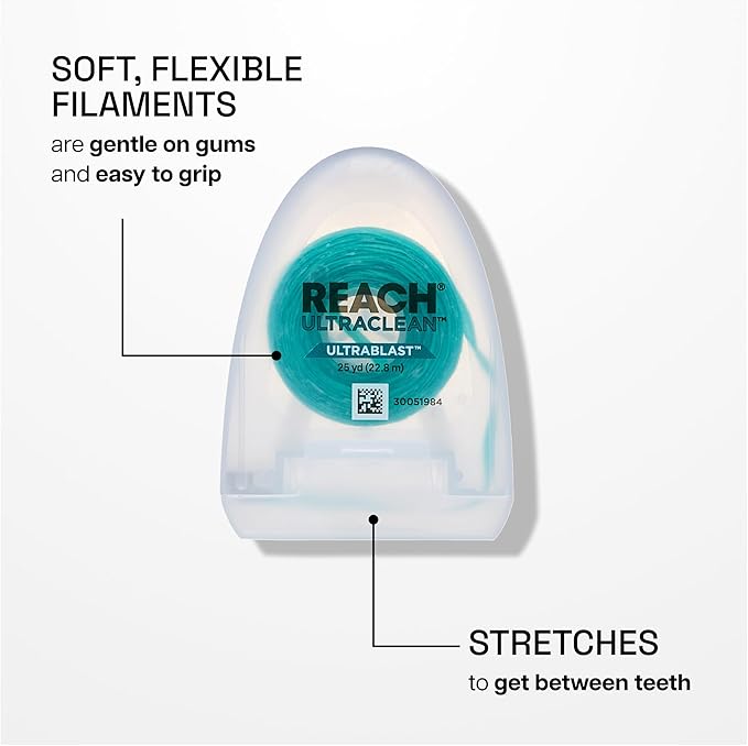 REACH® ULTRACLEAN ULTRABLAST, Cool Mint Dental Floss, Plaque Remover for Teeth, Shred Resistant, Waxed, Easy on Gums & Teeth, Fresh Breath, Oral Care, PFAS Free, for Adults & Kids, 3 PK, 25 YD