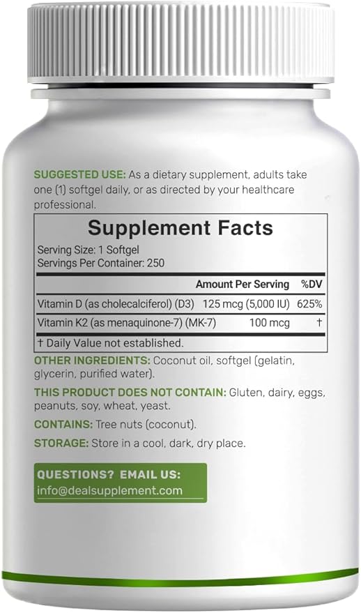DEAL SUPPLEMENT Vitamin D3 5,000 IU + K2 MK7 100mcg Softgels | 2-in-1 Complex with Virgin Coconut Oil | Supports Heart, Bone, Teeth & Immune Health | Easy to Swallow
