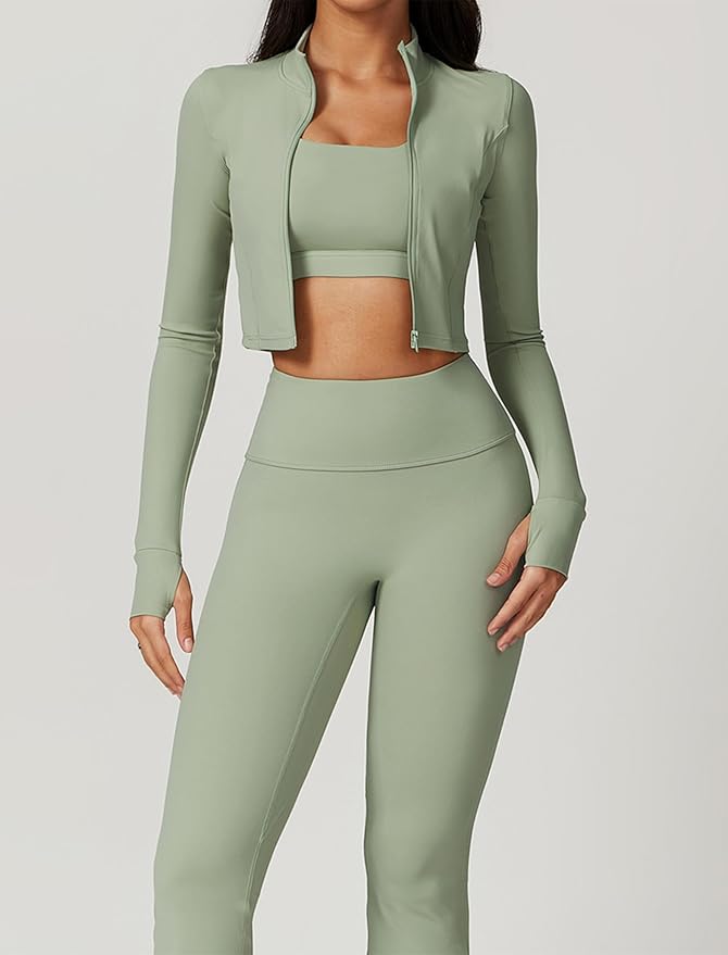 Workout Sets for Women 3 Piece High Waisted Seamless Leggings Crop Top Jacket Gym Yoga Outfit Stretchy Sports Bra Sets