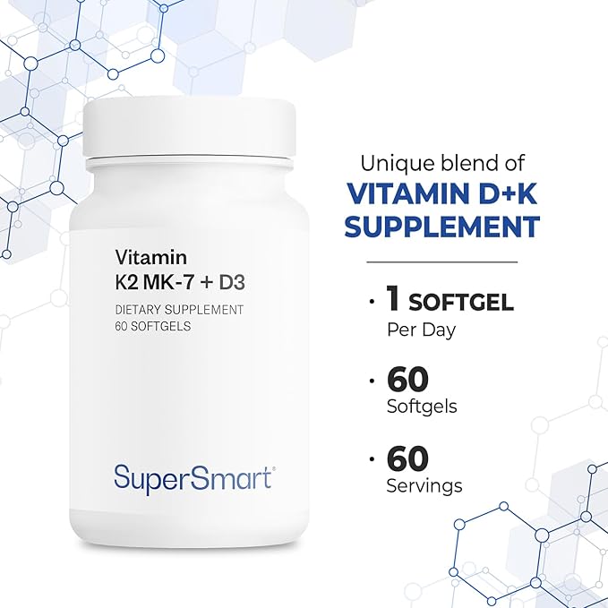 Supersmart - Vitamin K2 MK7 + Vitamin D3 90mcg per Day (High Bioavailability) - Menaquinone Supplement - Vitamin D & K Complex | Non-GMO & Gluten Free - 60 Softgels
