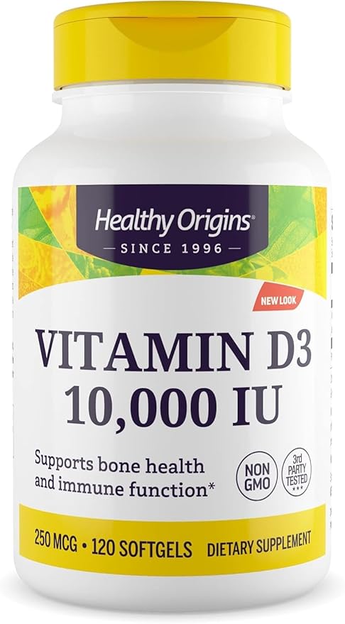 Healthy Origins Vitamin D3 10,000 IU (Non-GMO, High Potency, Bone Support, Immune Support, Gluten Free), 120 Softgels