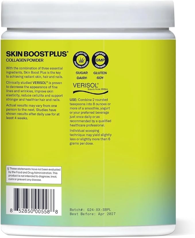 Sparkle Wellness VERISOL Bioactive Hydrolyzed Collagen Peptides | Collagen Powder Supplement with Vitamin C & Hyaluronic Acid for Hair, Skin, and Nail Health | Skin Boost Plus (No Flavor) [50-Serves]