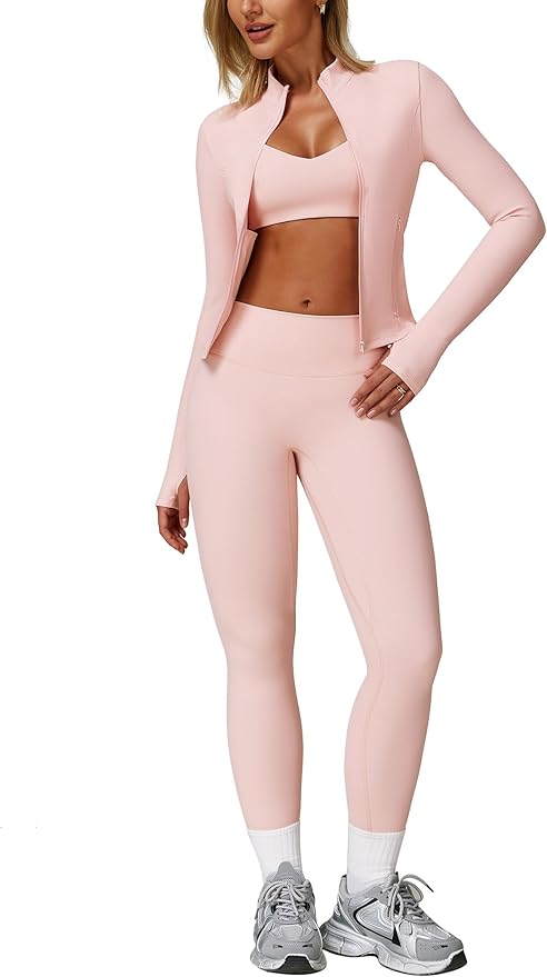 Workout Sets for Women 3 Piece High Waisted Seamless Leggings Crop Top Jacket Gym Yoga Outfit Stretchy Sports Bra Sets