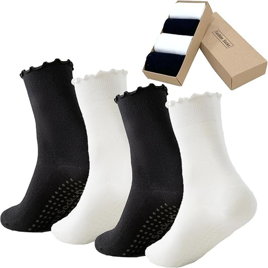 4 Pairs Ruffle Yoga Socks for Women,Cute Frilly Non-Slip Grips Socks for Pilates,Fitness,Hospital,Pregnant