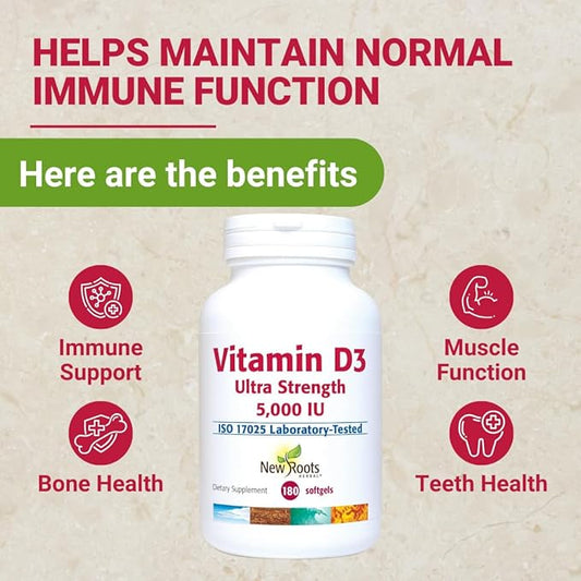 NEW ROOTS HERBAL Vitamin D3 Supplement 5000 IU + Vitamin E from Non-GMO Sunflower for Ultra Strength (180 Softgels) Effective Immune Support, GMP Certified from