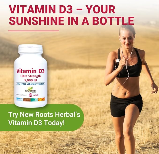 NEW ROOTS HERBAL Vitamin D3 Supplement 5000 IU + Vitamin E from Non-GMO Sunflower for Ultra Strength (180 Softgels) Effective Immune Support, GMP Certified from
