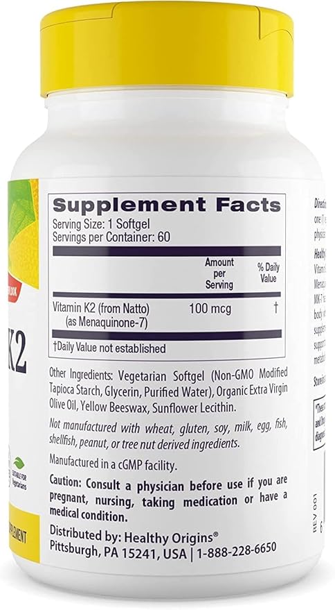 Healthy Origins Vitamin K2 100 mcg (MK-7, Non-GMO, Gluten Free, Cardiovascaular Support, Bone Support), 60 Veggie Gels
