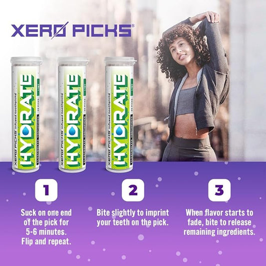 Xero Picks Hydrate - Electrolyte Flavored Toothpicks -60 Picks-Variety 3 Pack - Lime - Sodium, Potasium, Magnesium, Calcium