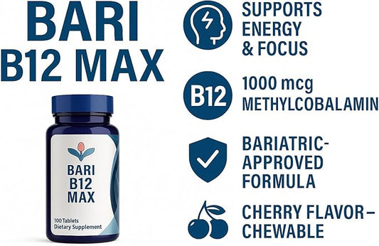 Bari B12 Max – Chewable Vitamin B12 1000mcg Methylcobalamin – Cherry Flavor – Bariatric-Friendly Energy & Nerve Support – 100 Tablets – Allotro Body Labs