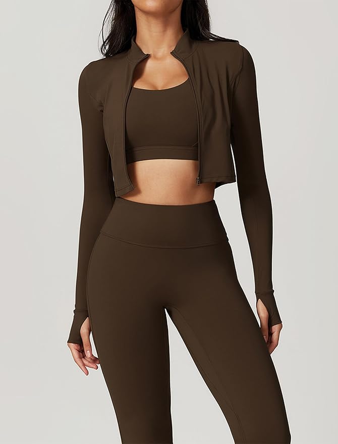Workout Sets for Women 3 Piece High Waisted Seamless Leggings Crop Top Jacket Gym Yoga Outfit Stretchy Sports Bra Sets